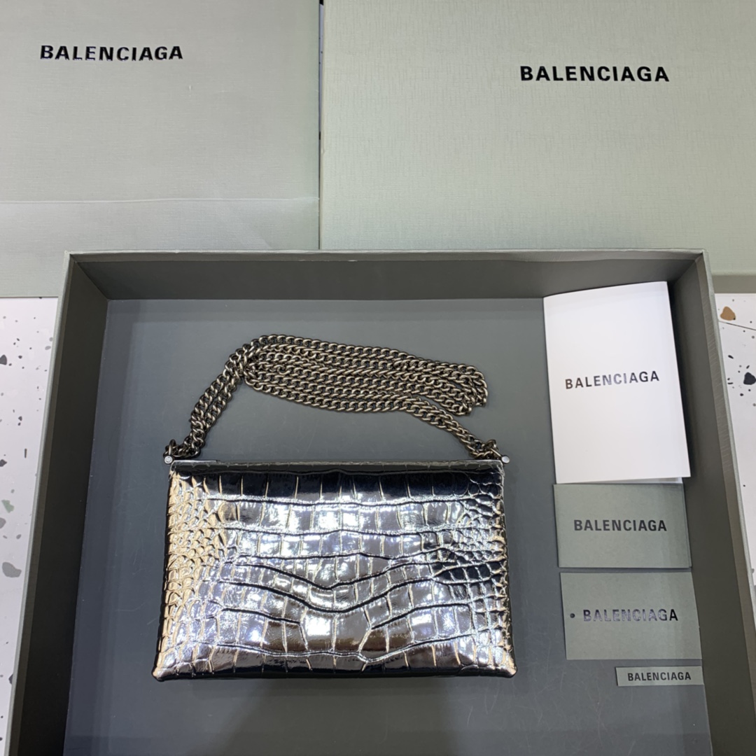 Balenciaga Triplet Small Bag With Chain Crocodile Embossed Calfskin Shouler Bag Silver